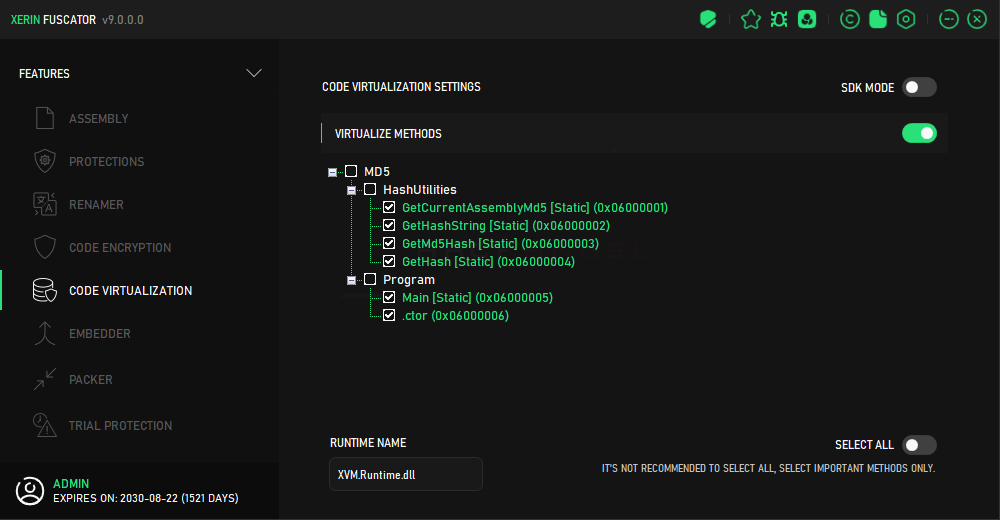 Xerinfuscator Code Virtualization Settings interface