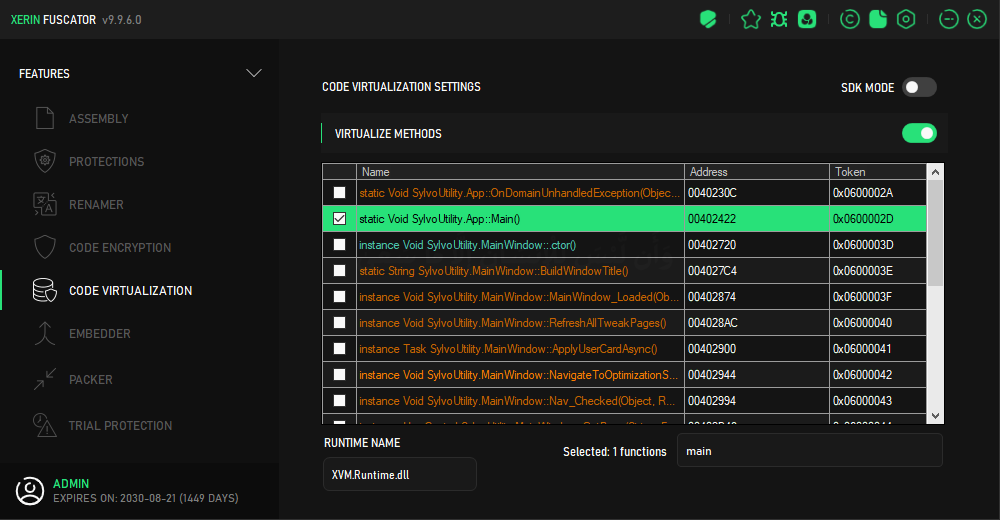 Xerinfuscator Code Virtualization Settings interface